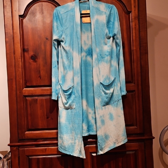Teal & White Lighgtweight Tie-Dye Open Cardigan, Front Pockets, NWT - Picture 1 of 6